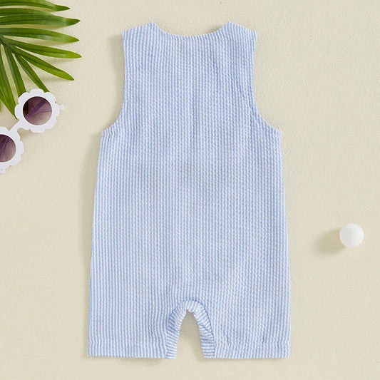 Mono de verano para bebé niño, sin mangas, cuello redondo, a rayas, bordado, carrito de golf