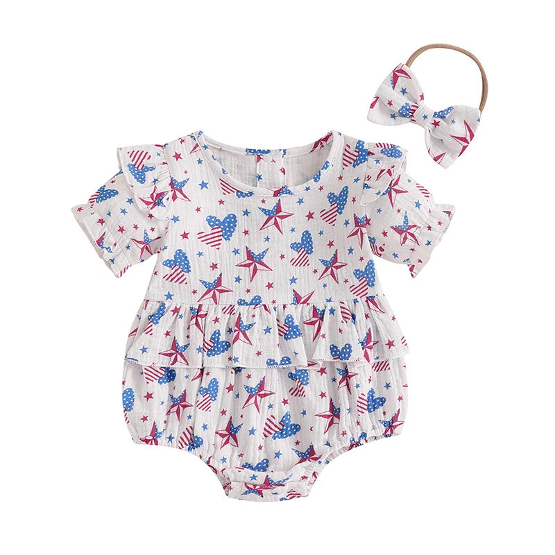 Conjunto de 2 piezas para niña bebé para el 4 de julio, con estampado de corazones y estrellas, cuello redondo con volantes, manga corta y diadema con lazo