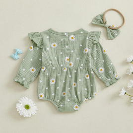 Mono de otoño para niña con estampado de margaritas, manga larga, cuello redondo, lazo y diadema