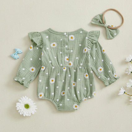 Mono de otoño para niña con estampado de margaritas, manga larga, cuello redondo, lazo y diadema