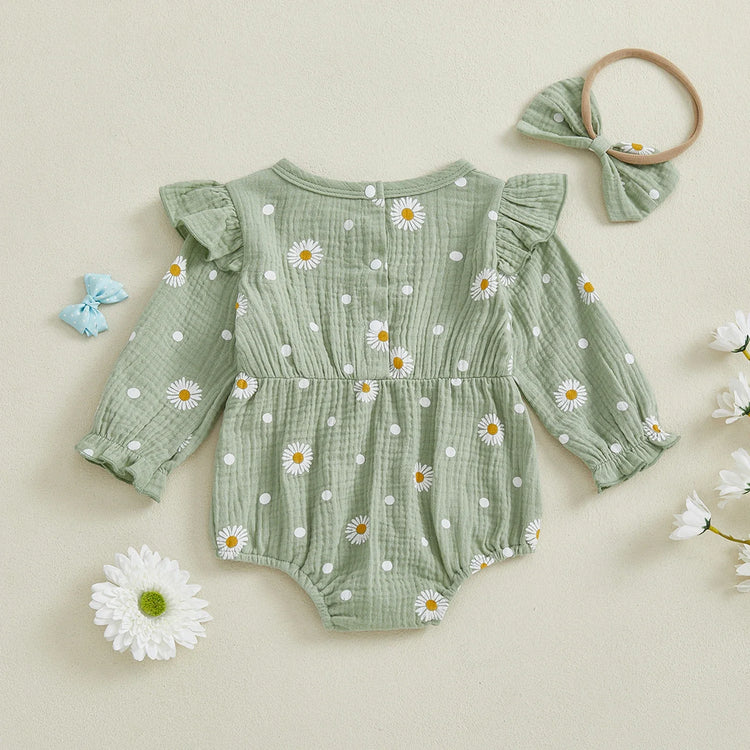 Mono de otoño para niña con estampado de margaritas, manga larga, cuello redondo, lazo y diadema