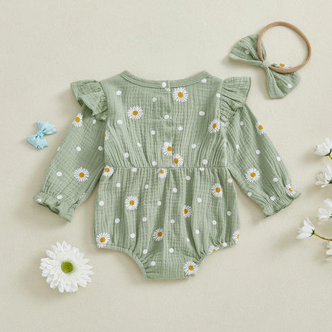 Mono de otoño para niña con estampado de margaritas, manga larga, cuello redondo, lazo y diadema