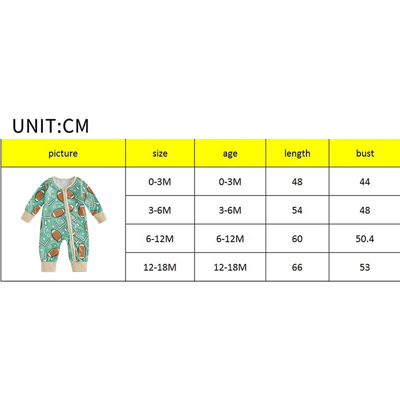 Mono de manga larga para bebé niño con estampado de fútbol y cremallera frontal para otoño