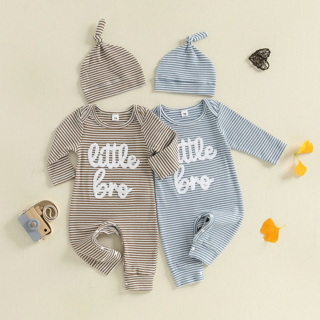 Mono de rayas de otoño para bebé niño, 2 piezas, manga larga, cuello redondo, letras, bordado, conjunto de gorro