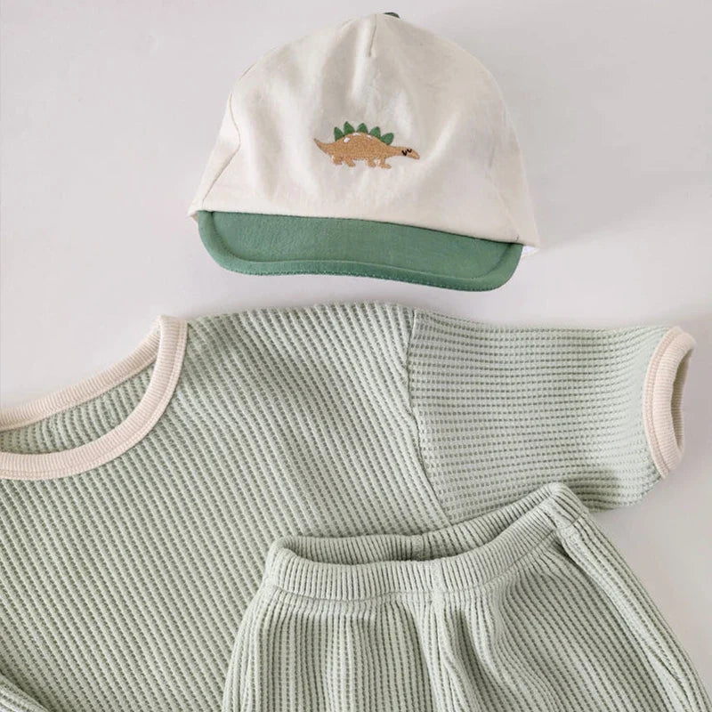 Conjunto de 2 piezas de jersey de algodón gofre de manga larga con cuello redondo y pantalones deportivos para bebés y niñas