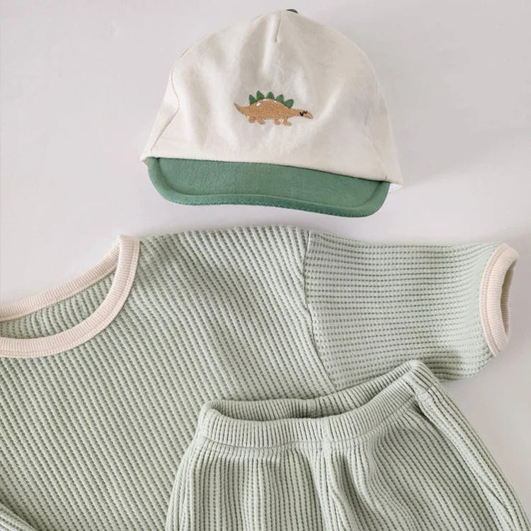 Conjunto de 2 piezas de jersey de algodón gofre de manga larga con cuello redondo y pantalones deportivos para bebés y niñas