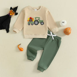 Conjunto de otoño para bebé niño, sudadera de manga larga con bordado de calabaza, pavo y tractor y pantalones elásticos