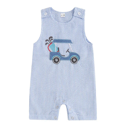 Mono de verano para bebé niño, sin mangas, cuello redondo, a rayas, bordado, carrito de golf