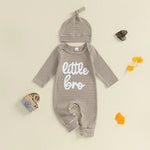 Mono de rayas de otoño para bebé niño, 2 piezas, manga larga, cuello redondo, letras, bordado, conjunto de gorro
