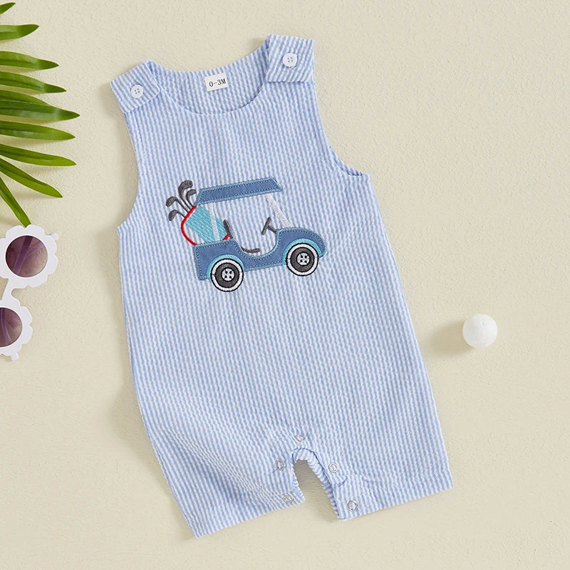 Mono de verano para bebé niño, sin mangas, cuello redondo, a rayas, bordado, carrito de golf