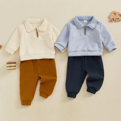 Conjunto de 2 piezas de otoño para bebés y niños pequeños, jersey de manga larga con solapa y media cremallera, conjunto de pantalones de color liso