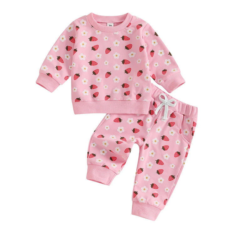 Conjunto de 2 piezas de otoño para bebé niña, camiseta de manga larga con cuello redondo y pantalones deportivos con estampado de flores de fresa