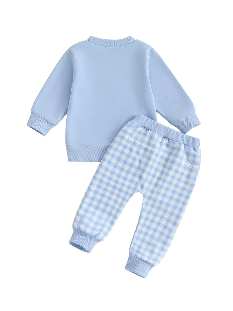 Conjunto de 2 piezas para bebé niño pequeño, otoño, con letras bordadas, camiseta de manga larga y pantalones elásticos a cuadros