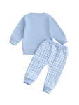 Conjunto de 2 piezas para bebé niño pequeño, otoño, con letras bordadas, camiseta de manga larga y pantalones elásticos a cuadros