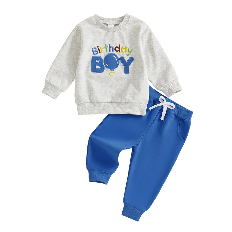 Conjunto de 2 piezas para bebé niño pequeño, traje de cumpleaños para niño, jersey de manga larga con bordado de globo y letras, cuello redondo, pantalones de chándal lisos con cintura elástica