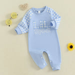 Mono de otoño para bebé niño pequeño Lil Brother con estampado de cuadros y letras bordadas, manga larga, cuello redondo y largo completo