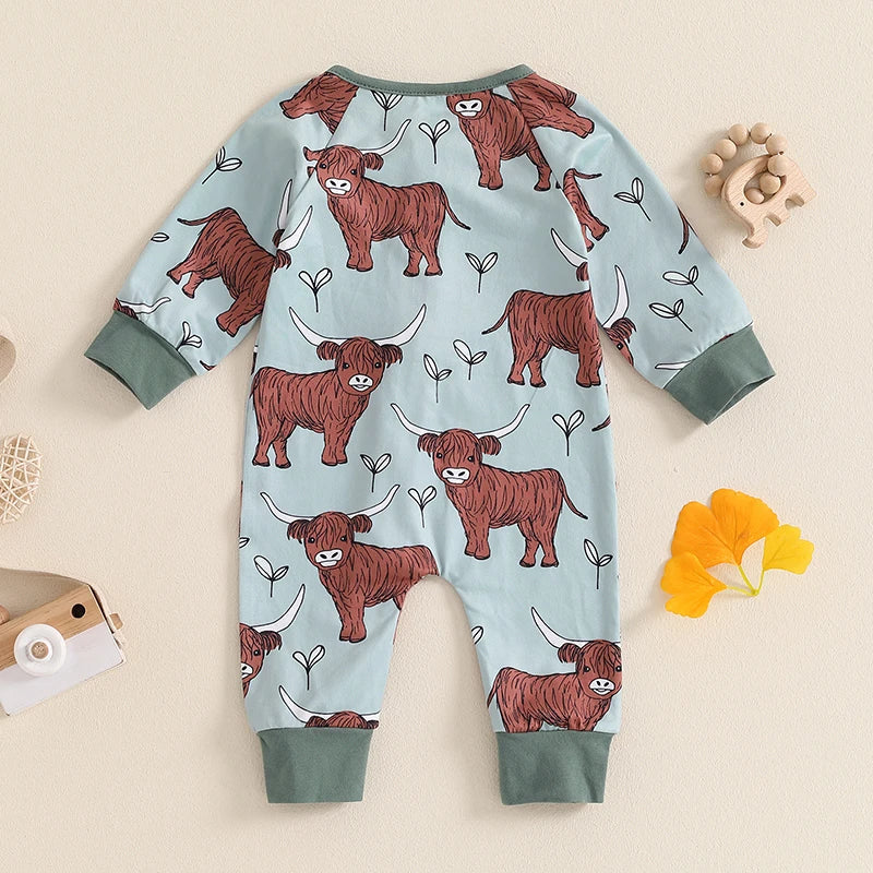 Mono de otoño con cremallera y manga larga con estampado de vaca de las Tierras Altas para bebés