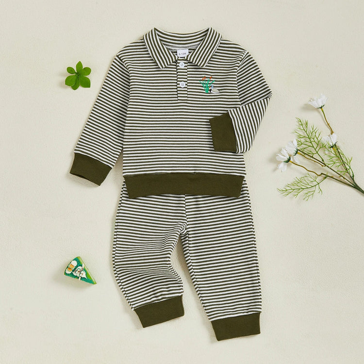 Conjunto de ropa infantil de 2 piezas con top de pato bordado de manga larga y pantalones a rayas para bebés y niños pequeños