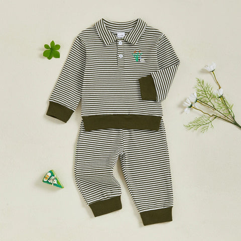 Conjunto de ropa infantil de 2 piezas con top de pato bordado de manga larga y pantalones a rayas para bebés y niños pequeños