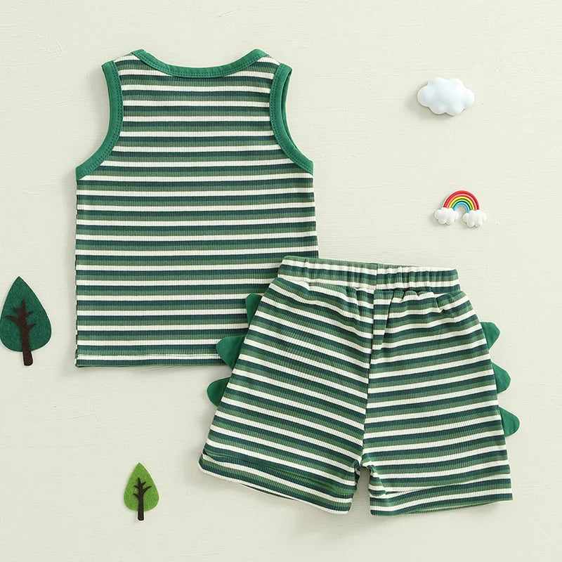 Conjunto de 2 piezas de dinosaurio a rayas para bebés y niños pequeños, camiseta sin mangas con cuello redondo, pantalones cortos con cintura elástica y bolsillos
