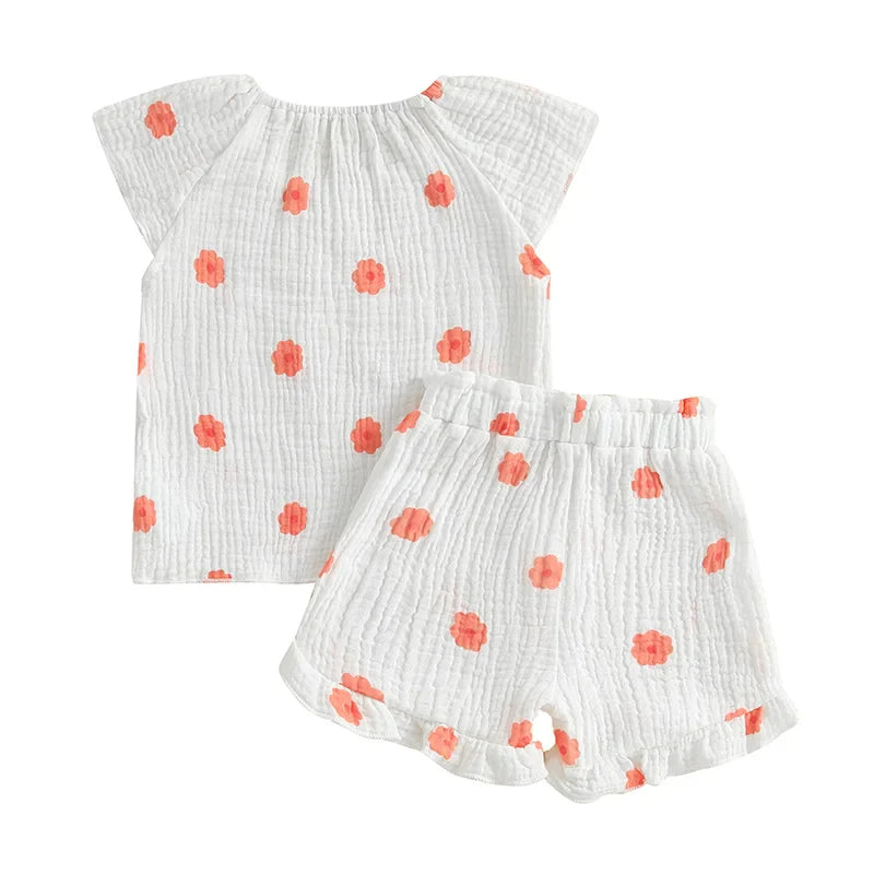 Conjunto de 2 piezas de camiseta con mangas cortas y cintura elástica con volantes para bebé y niña pequeña, conjunto de verano