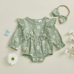 Mono de otoño para niña con estampado de margaritas, manga larga, cuello redondo, lazo y diadema
