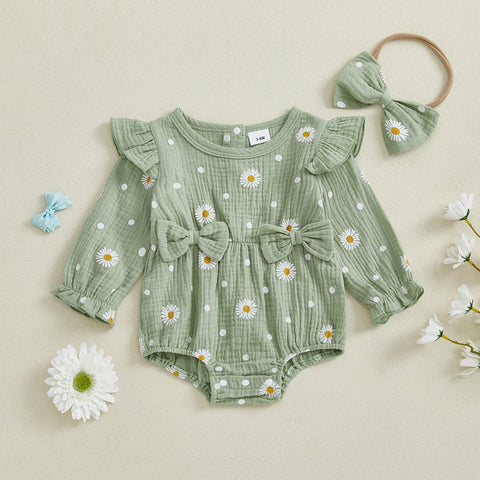 Mono de otoño para niña con estampado de margaritas, manga larga, cuello redondo, lazo y diadema