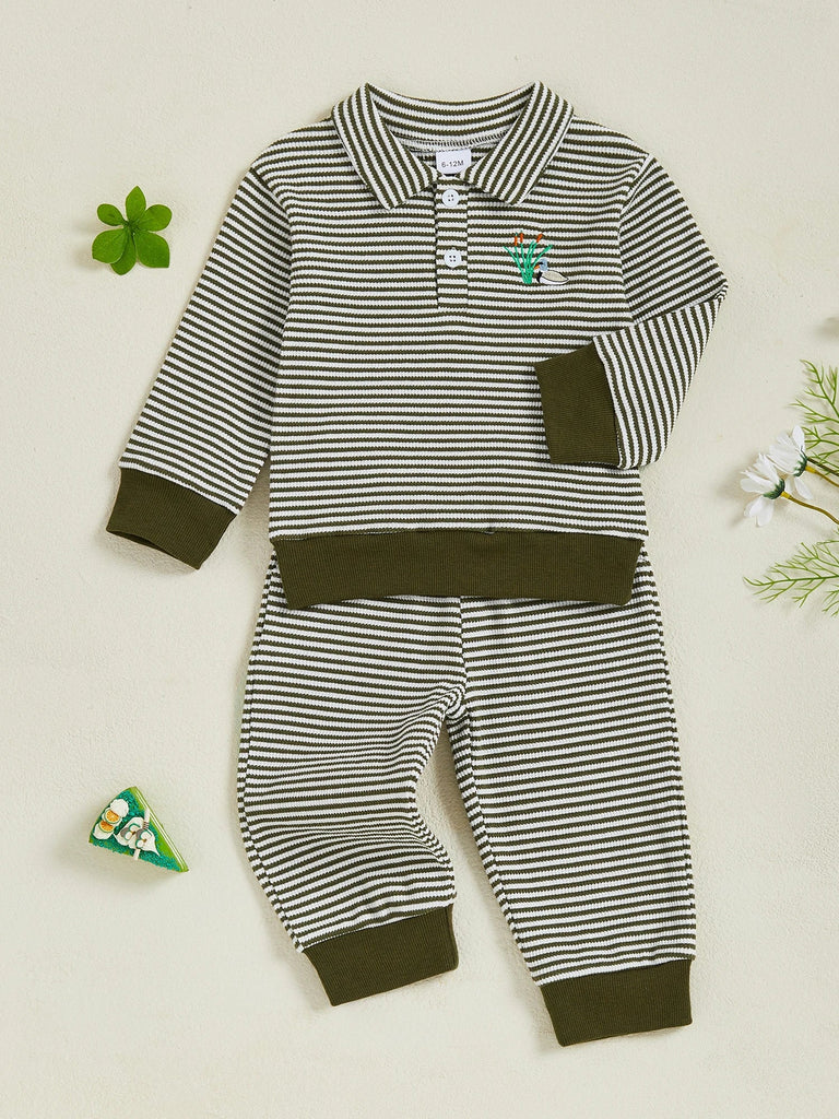 Conjunto de ropa infantil de 2 piezas con top de pato bordado de manga larga y pantalones a rayas para bebés y niños pequeños