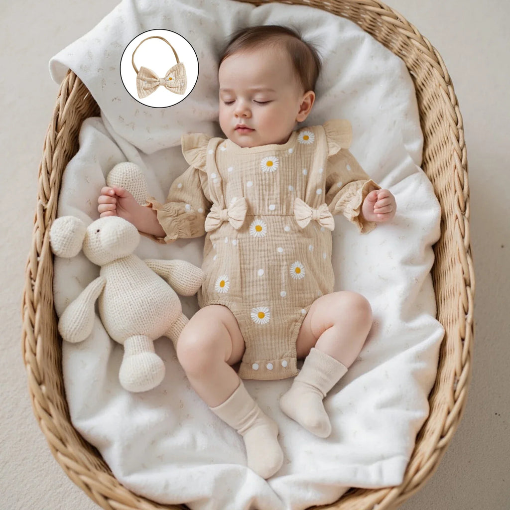 Mono de otoño para niña con estampado de margaritas, manga larga, cuello redondo, lazo y diadema