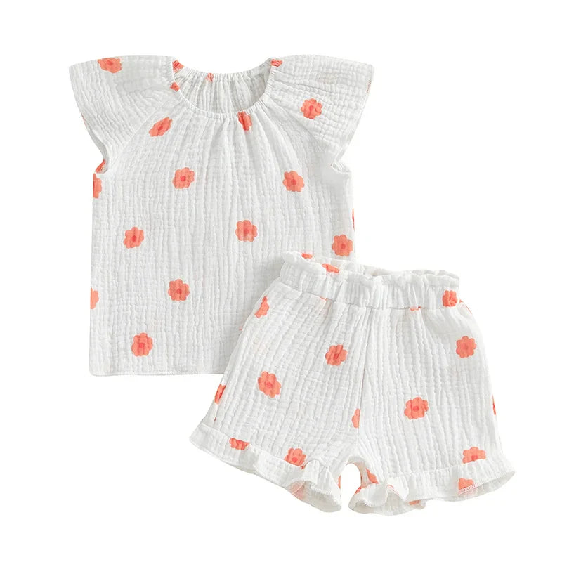 Conjunto de 2 piezas de camiseta con mangas cortas y cintura elástica con volantes para bebé y niña pequeña, conjunto de verano