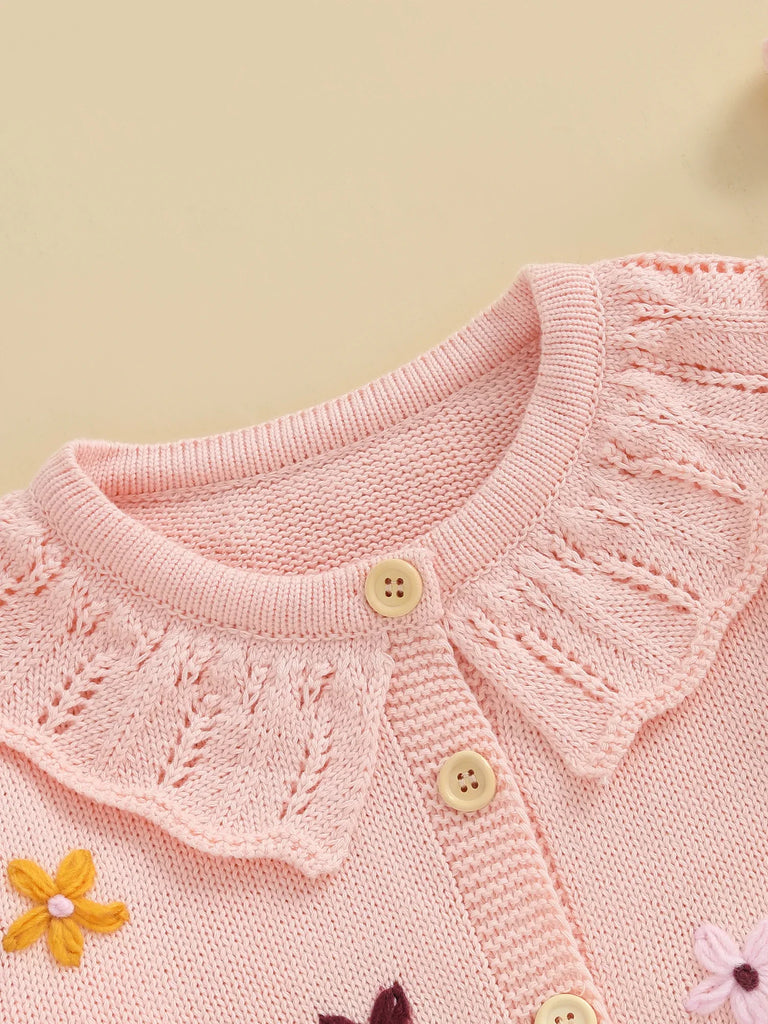 Suéter tipo cárdigan para bebé niña, diseño de flores en 3D, botones, manga larga, tejido