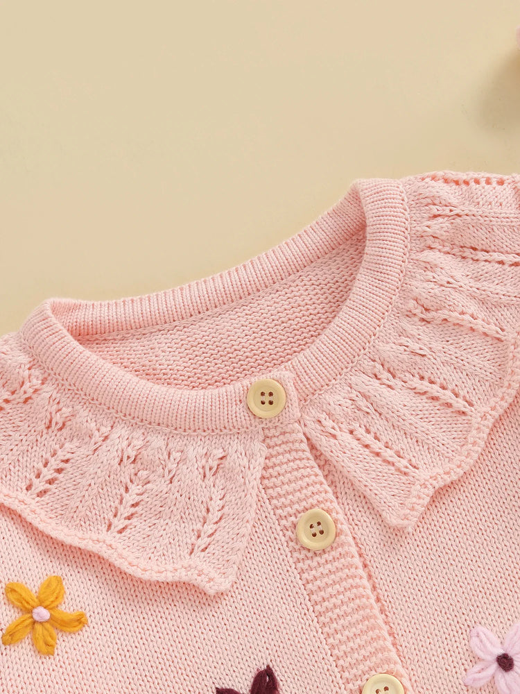 Suéter tipo cárdigan para bebé niña, diseño de flores en 3D, botones, manga larga, tejido