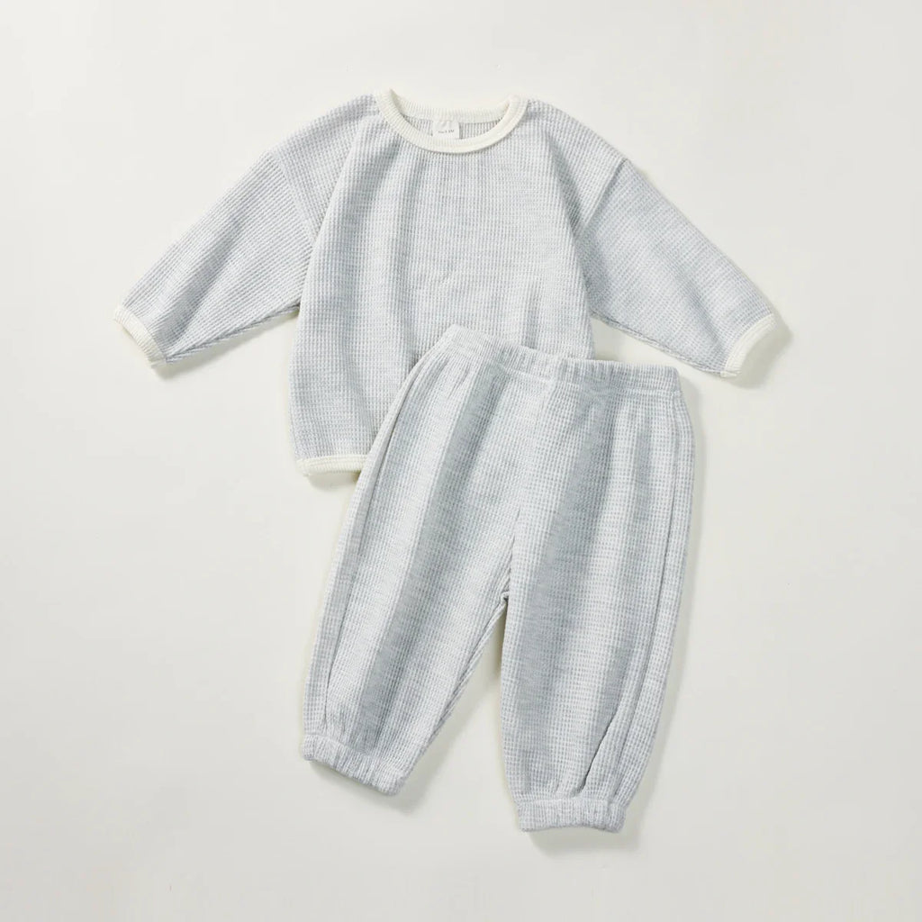 Conjunto de 2 piezas de jersey de algodón gofre de manga larga con cuello redondo y pantalones deportivos para bebés y niñas