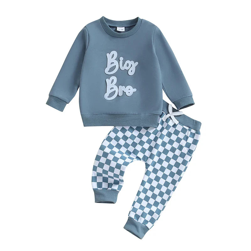 Conjunto de 2 piezas para bebé y niño pequeño, para hermano o hermana mayor, de otoño, con jersey de manga larga con bordado de letras y pantalones a cuadros