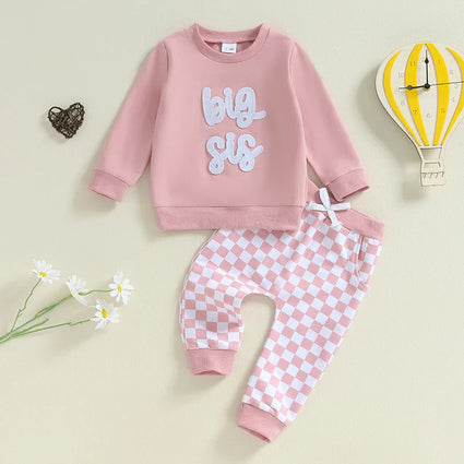 Conjunto de 2 piezas para bebé y niño pequeño, para hermano o hermana mayor, de otoño, con jersey de manga larga con bordado de letras y pantalones a cuadros