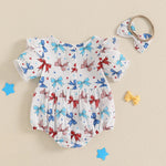 Conjunto de 2 piezas para niña bebé para el 4 de julio, con estampado de corazones y estrellas, cuello redondo con volantes, manga corta y diadema con lazo