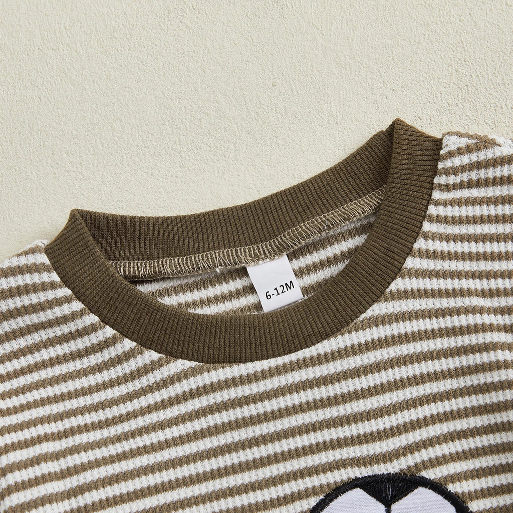 Conjunto de ropa para bebé niño pequeño, 2 piezas, otoño, con bordado de rugby, camiseta de manga larga a rayas y pantalones elásticos
