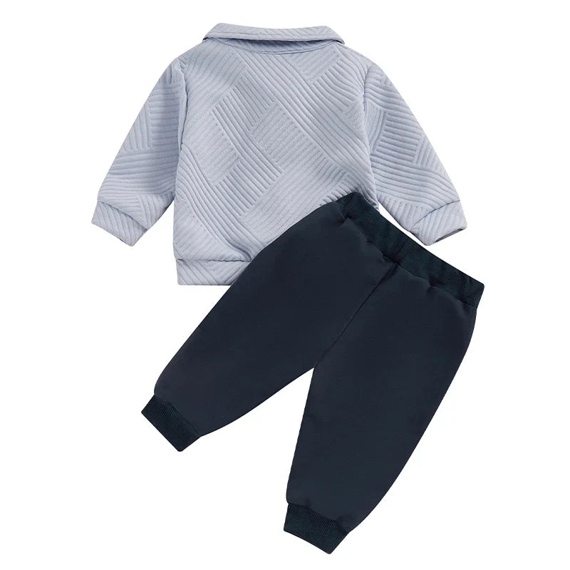 Conjunto de 2 piezas de otoño para bebés y niños pequeños, jersey de manga larga con solapa y media cremallera, conjunto de pantalones de color liso