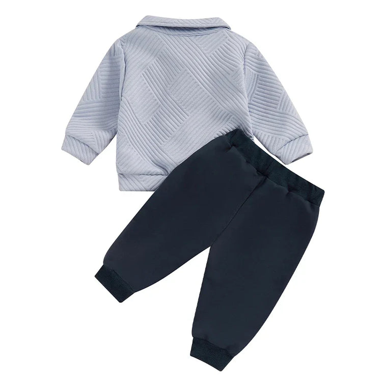 Conjunto de 2 piezas de otoño para bebés y niños pequeños, jersey de manga larga con solapa y media cremallera, conjunto de pantalones de color liso
