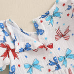 Conjunto de 2 piezas para niña bebé para el 4 de julio, con estampado de corazones y estrellas, cuello redondo con volantes, manga corta y diadema con lazo