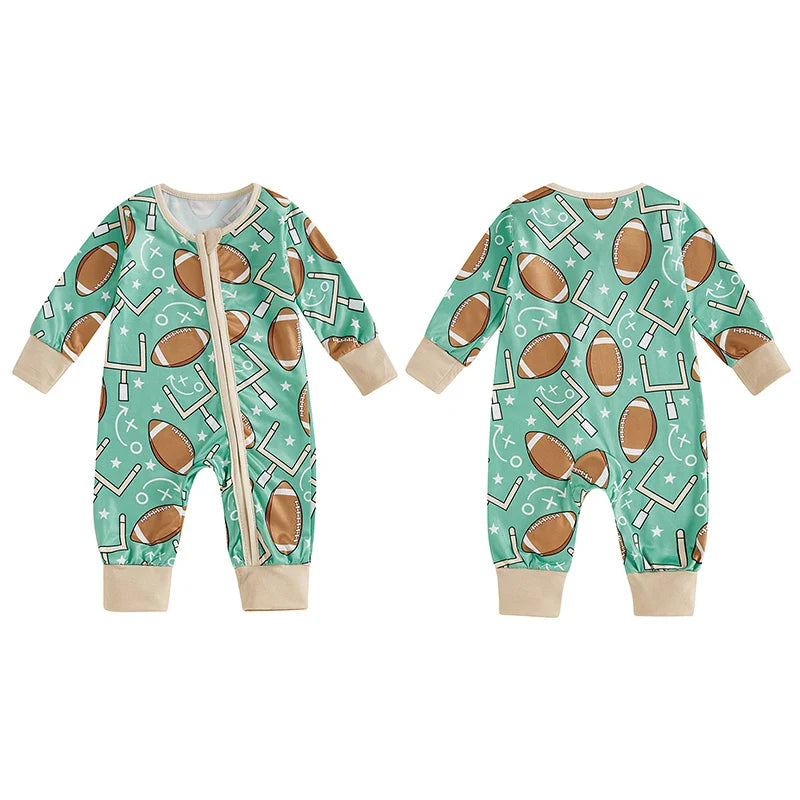 Mono de manga larga para bebé niño con estampado de fútbol y cremallera frontal para otoño