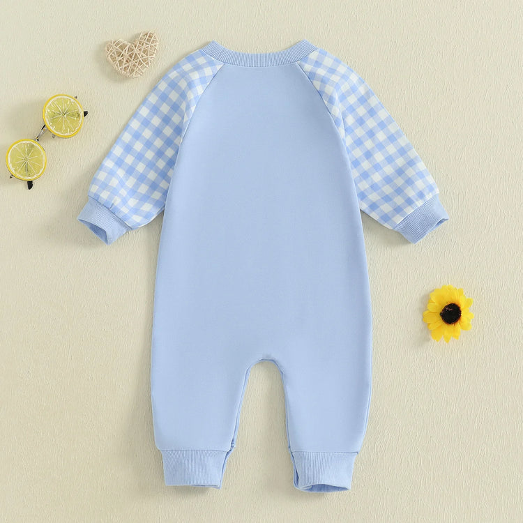 Mono de otoño para bebé niño pequeño Lil Brother con estampado de cuadros y letras bordadas, manga larga, cuello redondo y largo completo