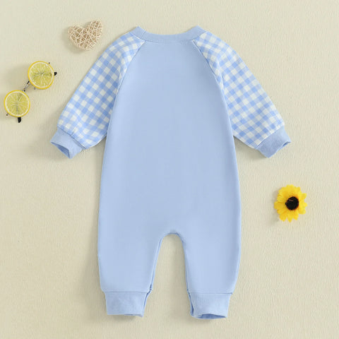 Mono de otoño para bebé niño pequeño Lil Brother con estampado de cuadros y letras bordadas, manga larga, cuello redondo y largo completo