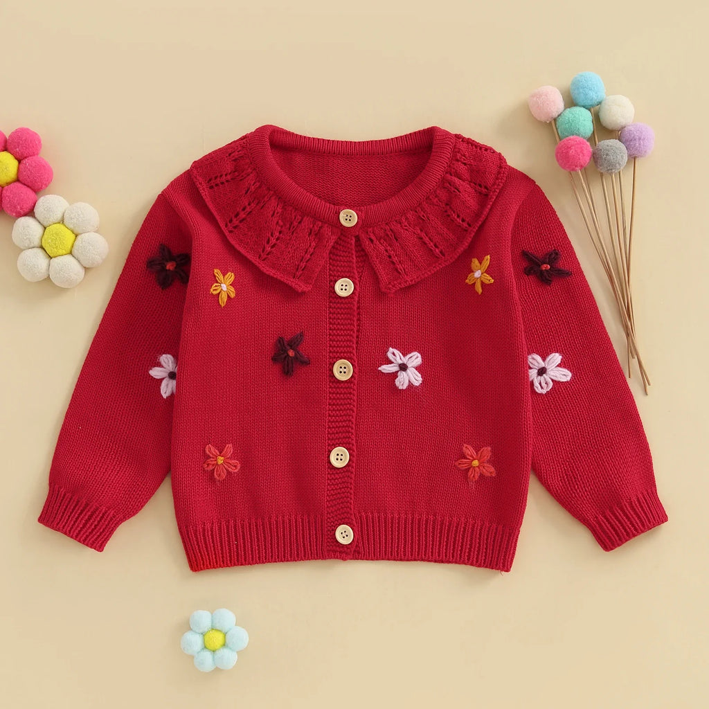 Suéter tipo cárdigan para bebé niña, diseño de flores en 3D, botones, manga larga, tejido
