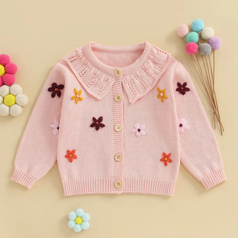 Suéter tipo cárdigan para bebé niña, diseño de flores en 3D, botones, manga larga, tejido