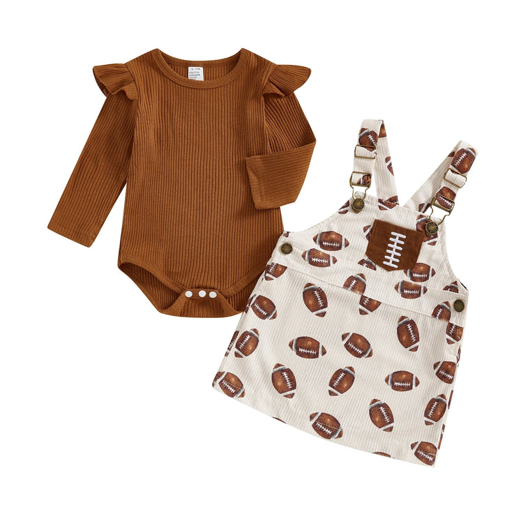 Conjunto de 2 piezas de ropa de otoño para bebés y niñas pequeñas, mono de manga larga y vestido con estampado de fútbol