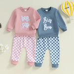 Conjunto de 2 piezas para bebé y niño pequeño, para hermano o hermana mayor, de otoño, con jersey de manga larga con bordado de letras y pantalones a cuadros