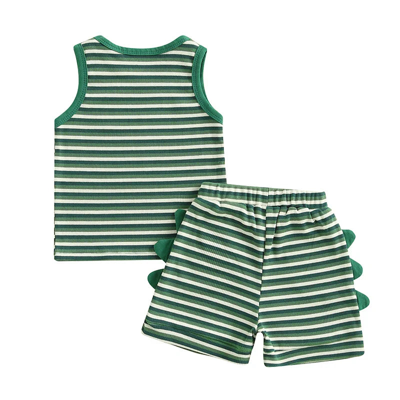 Conjunto de 2 piezas de dinosaurio a rayas para bebés y niños pequeños, camiseta sin mangas con cuello redondo, pantalones cortos con cintura elástica y bolsillos