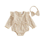 Mono de otoño para niña con estampado de margaritas, manga larga, cuello redondo, lazo y diadema