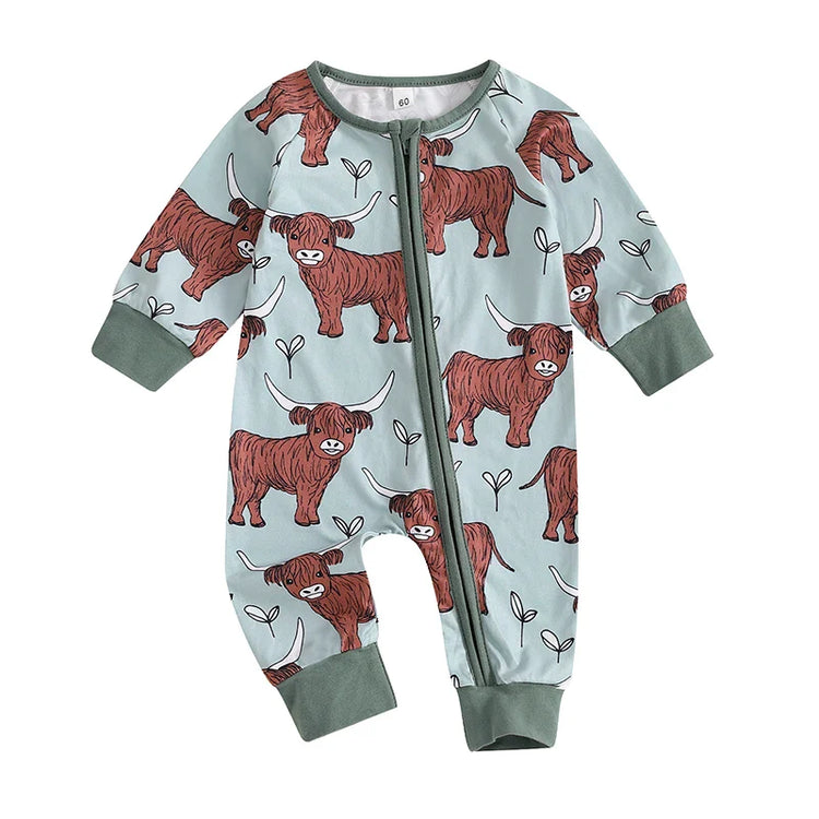 Mono de otoño con cremallera y manga larga con estampado de vaca de las Tierras Altas para bebés